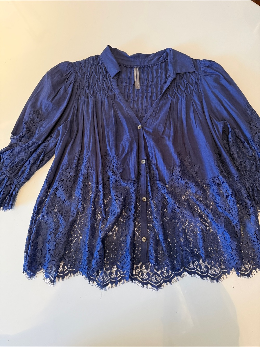 Anthropologie Navy Lace-Trim Button-Up Blouse